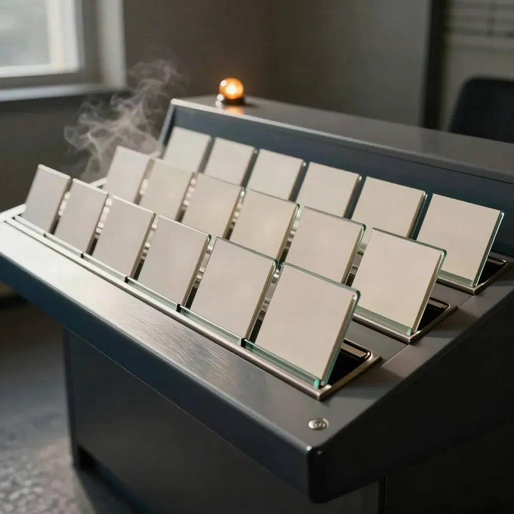 Blank message cards and a glowing call indicator on a dark console