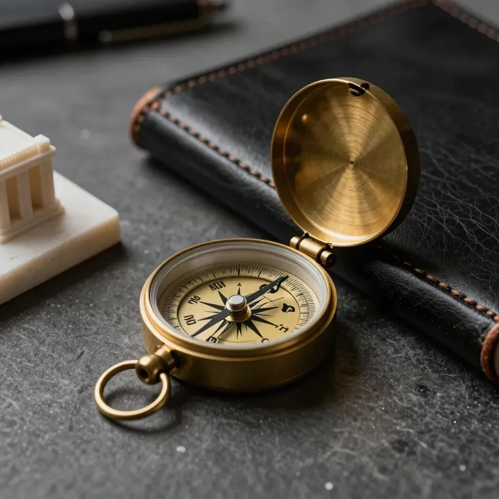 Brass compass beside leather portfolio and travertine plinth on dark stone with soft raking light
