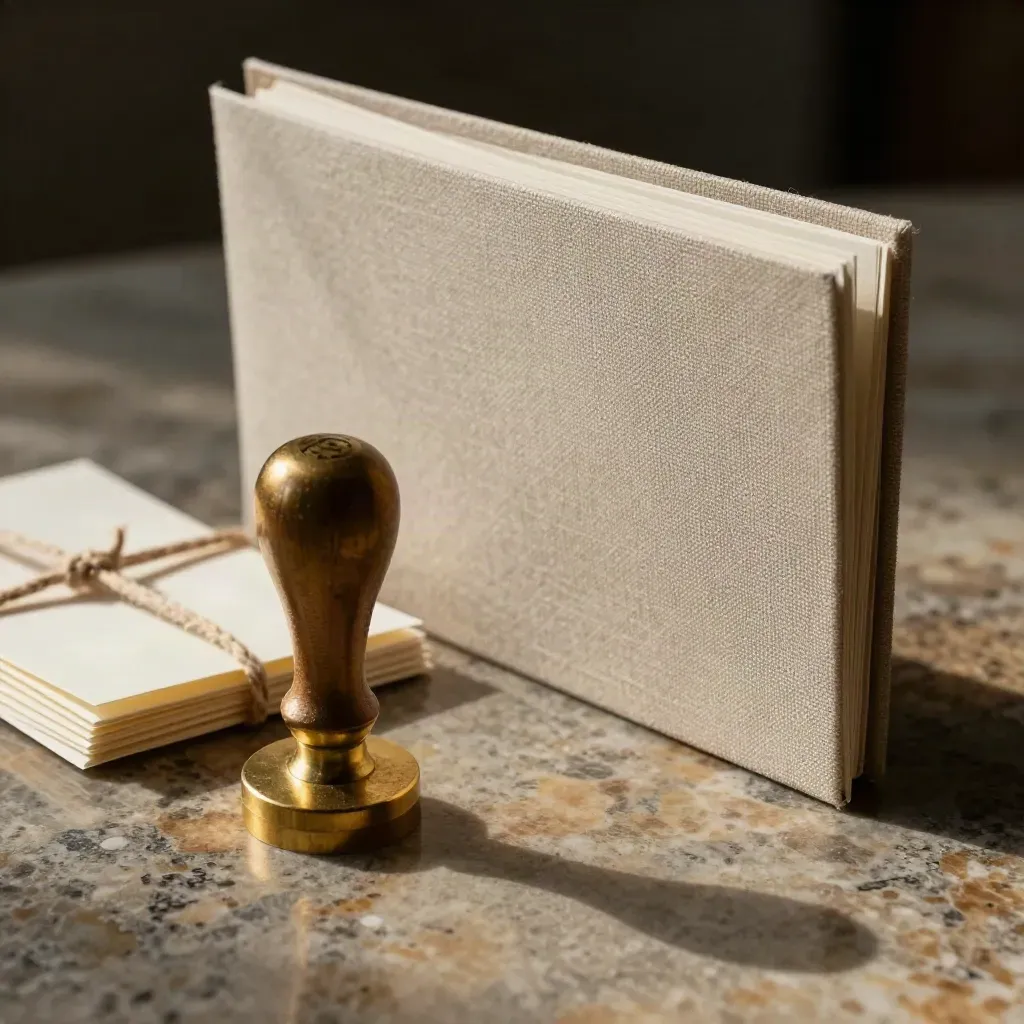 Brass stamp, sealed scopes folder, and linen-tied cream quote cards on stone, low-lit and cinematic.