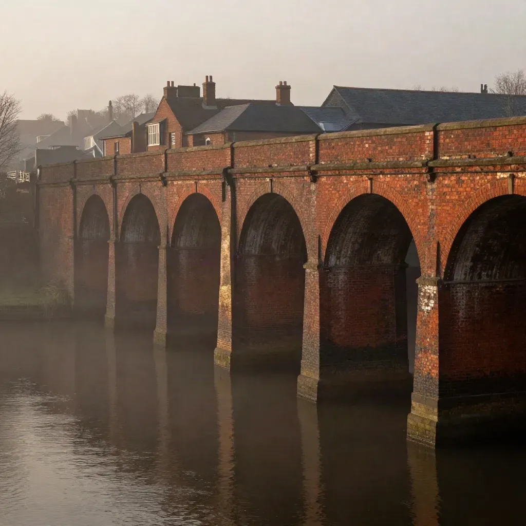 Foggy red-brick viaduct over a calm canal basin at dusk