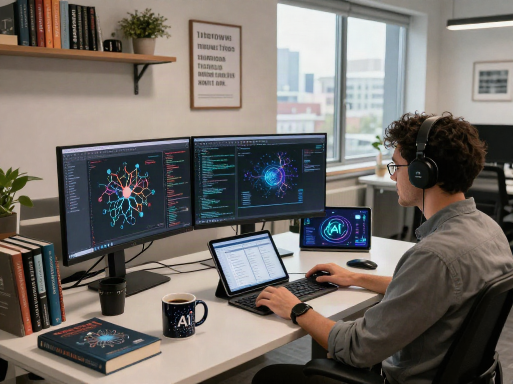 Developer working on juicy ai applications in a modern office setting.