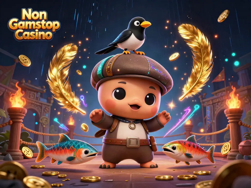 Engage with the vibrant Non Gamstop Casino scene featuring Nessie and friends surrounded by dynamic gaming elements.