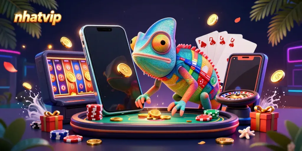 Nhatvip casino scene featuring a colorful chameleon owner with golden coins, smartphone games, and vibrant visuals.