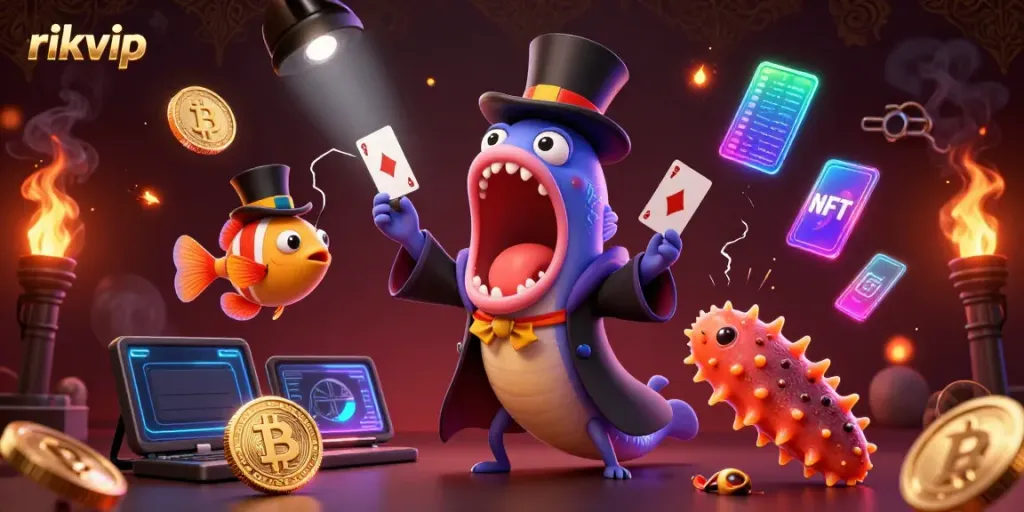 rikvip reveals an atmospheric casino scene with a performing gulper eel magician amidst Bitcoin and Ethereum visuals.