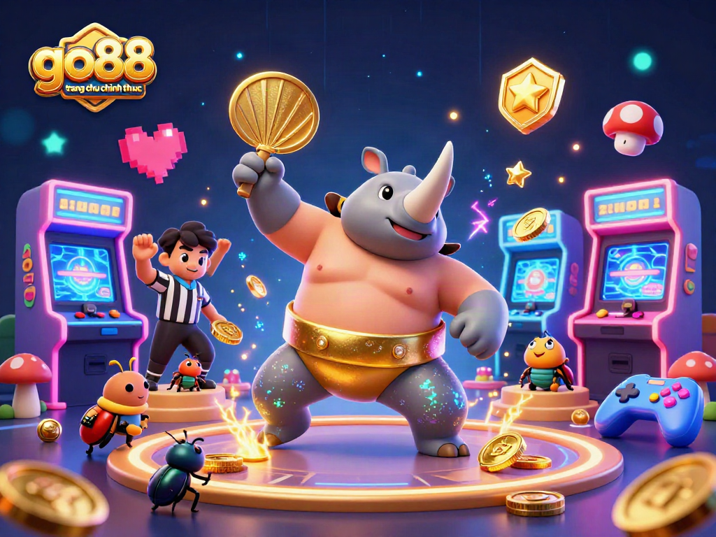 Experience the excitement with go88 trang chu chinh thuc, featuring a rhinoceros beetle champion amidst vibrant casino elements and golden coins.