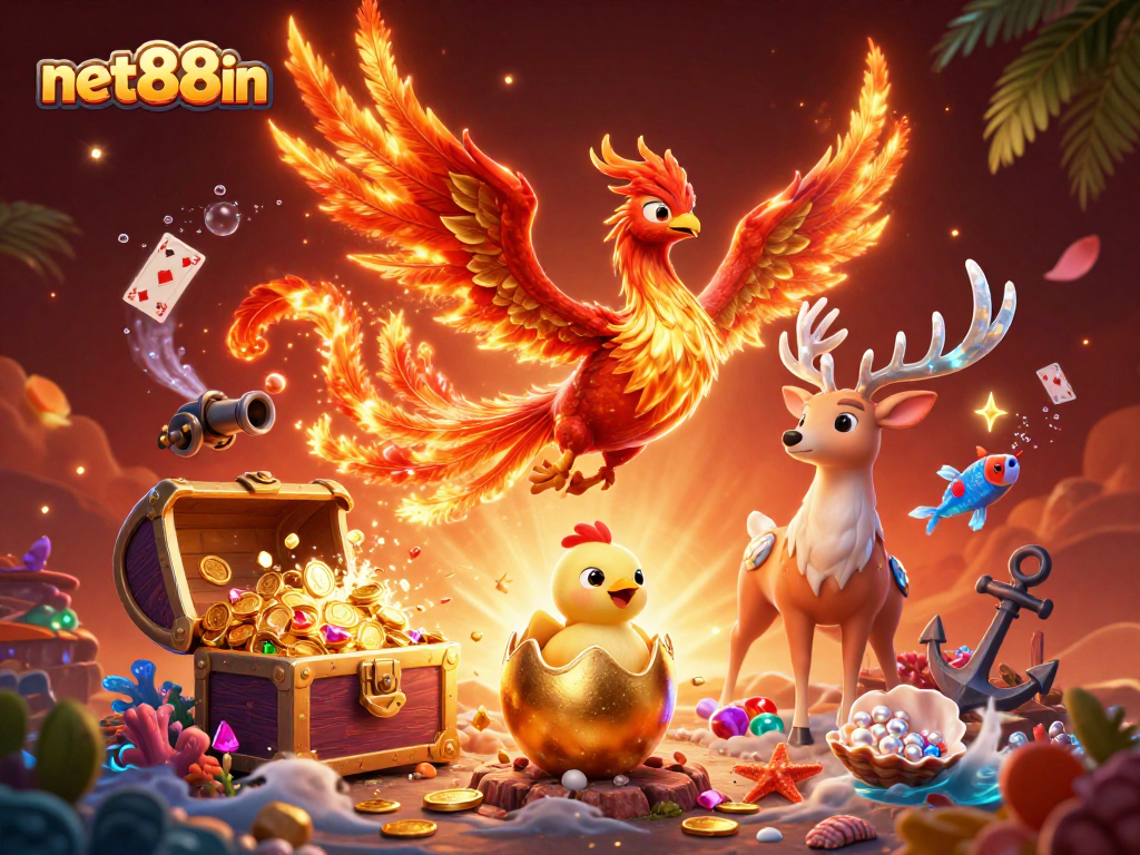Engaging net88in illustration featuring a fiery phoenix and treasures in a vibrant scene