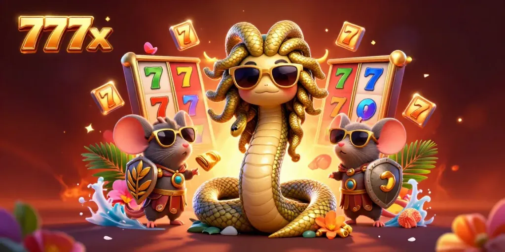 Engage with vibrant 777x casino action featuring Medusa and warrior mouse amidst colorful slot reels.