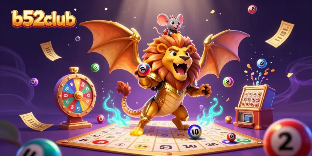 Engage in thrilling gameplay with b52club, surrounded by vibrant lottery elements and a heroic chimera.