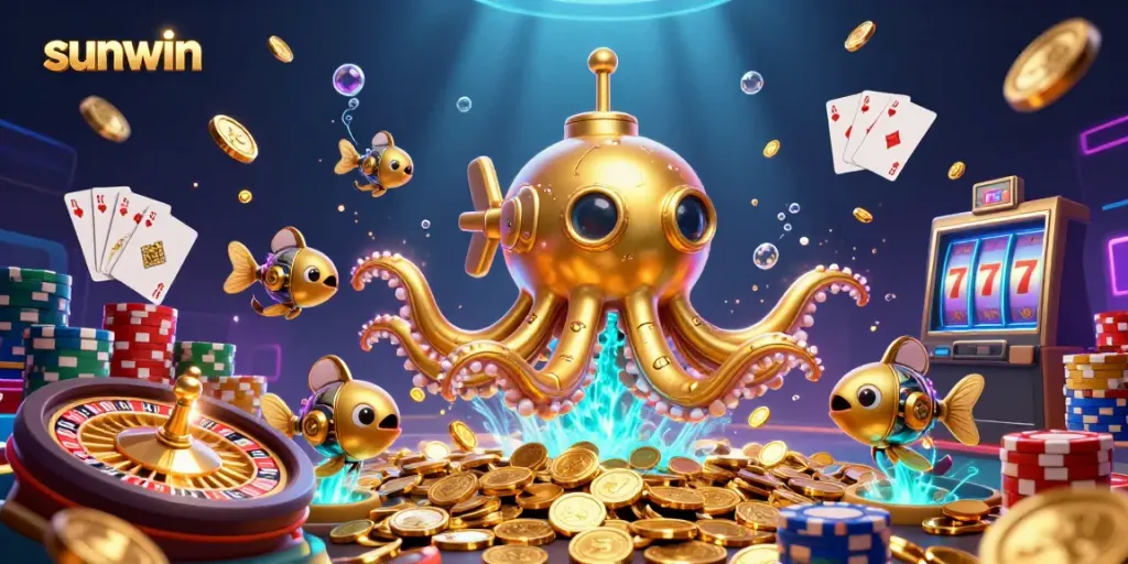 Join the excitement with sunwin's vibrant underwater casino scene featuring a golden kraken and treasures.