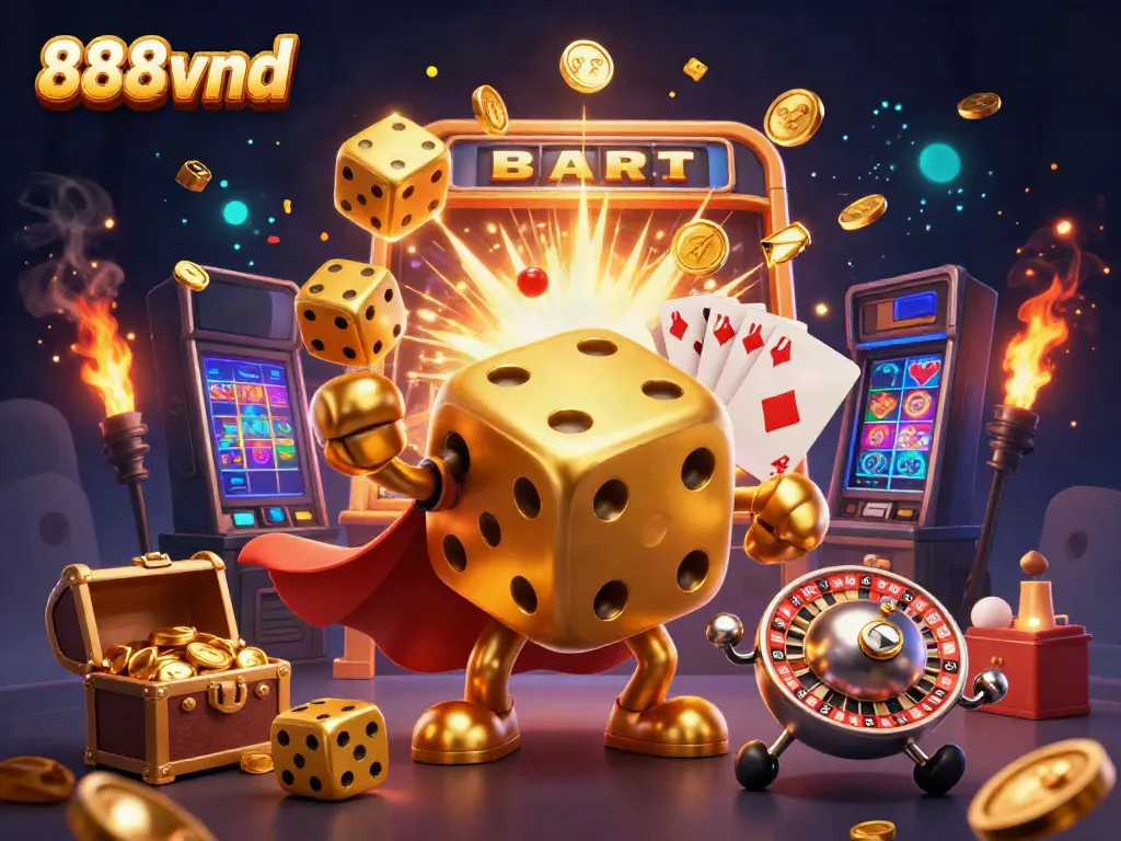Experience exciting victories with 888vnd, featuring a dynamic golden dice golem in a vibrant casino environment.