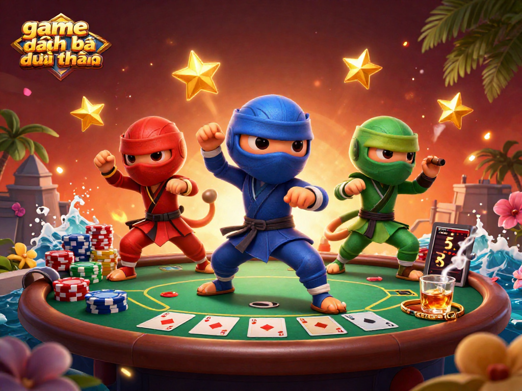 Experience game đánh bài đổi thưởng with vibrant chameleon ninjas, poker tables, and dynamic casino elements.