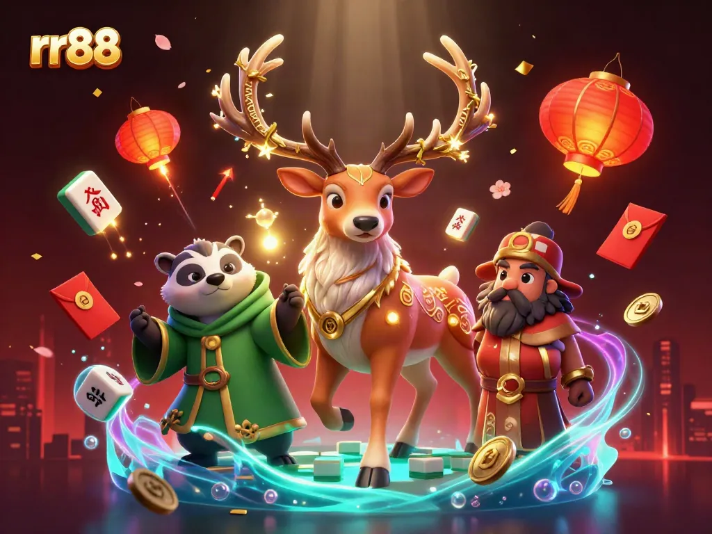 RR88 gaming scene featuring Celtic stag, badger, lucky symbols, and vibrant casino elements.