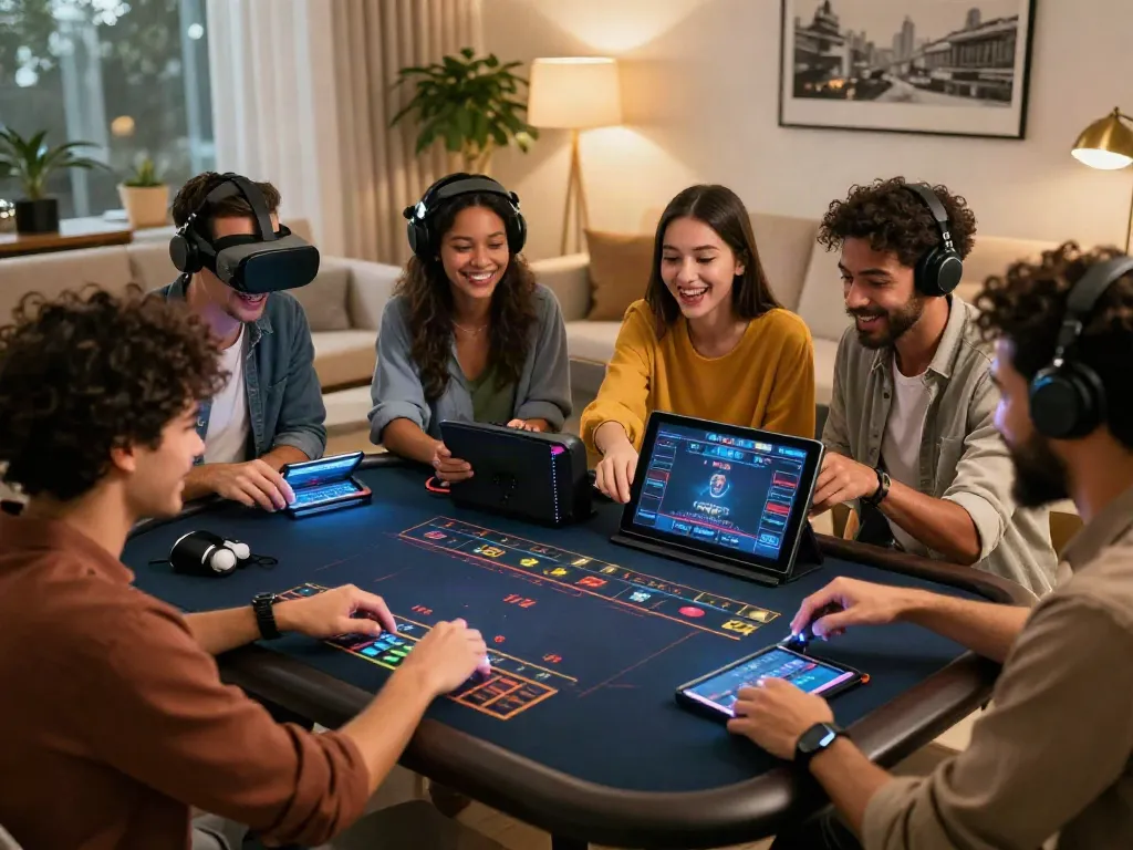 Friends enjoying a gaming night with casinos that accept credit cards in a cozy living room filled with modern decor.