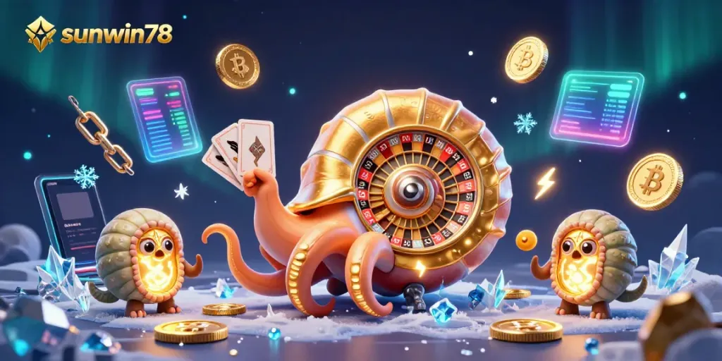 Engage in thrilling gameplay with the sunwin78 platform's vibrant 3D casino scene featuring a giant nautilus roulette wheel.