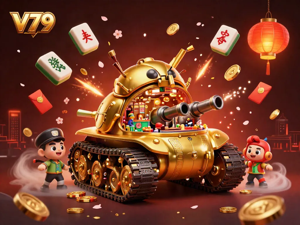 Experience the vibrant casino world of V79 with a stunning golden beetle tank and lively gaming elements.