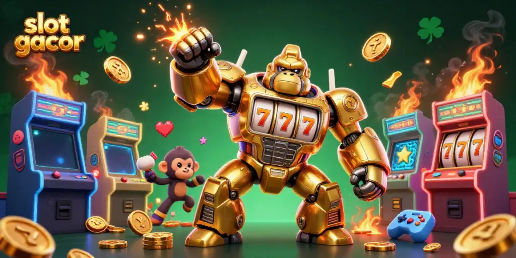Experience the excitement of slot gacor with a golden gorilla mech bursting with coins and bright gaming elements.