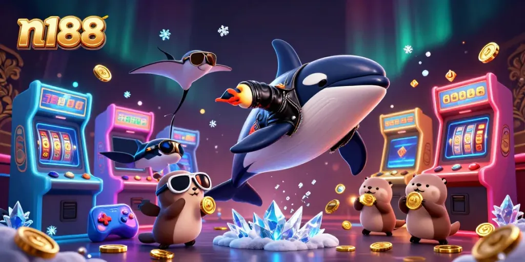 Experience the thrill of n188 with our vibrant 3D casino scene featuring dynamic characters and playful game elements.