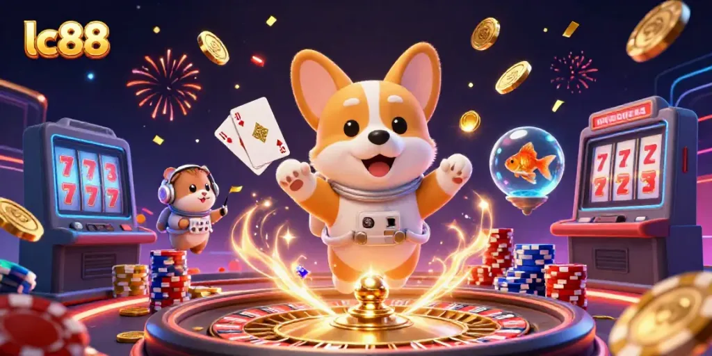 Engaging lc88 gaming illustration with cosmic casino themes featuring a floating corgi and casino elements.