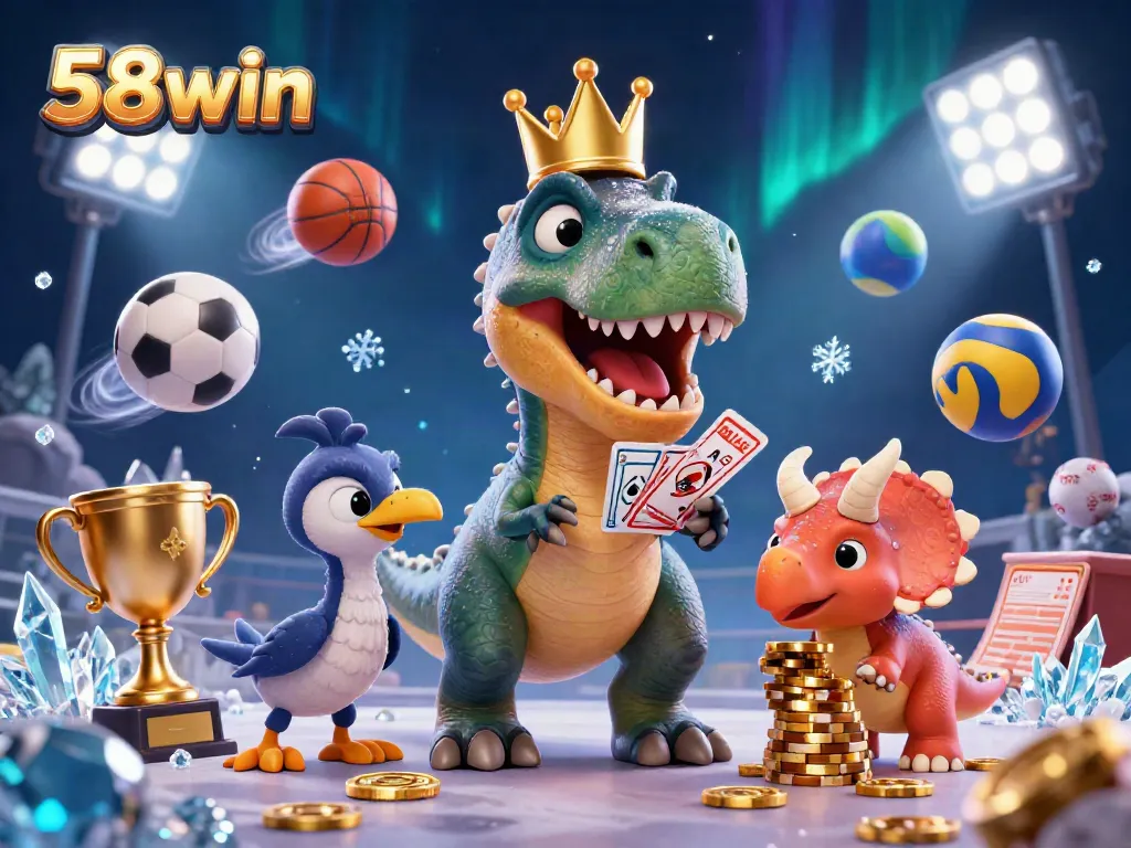 Exciting scene of 58win with a T-Rex shuffling cards, a pterodactyl assisting, and a baby triceratops stacking chips