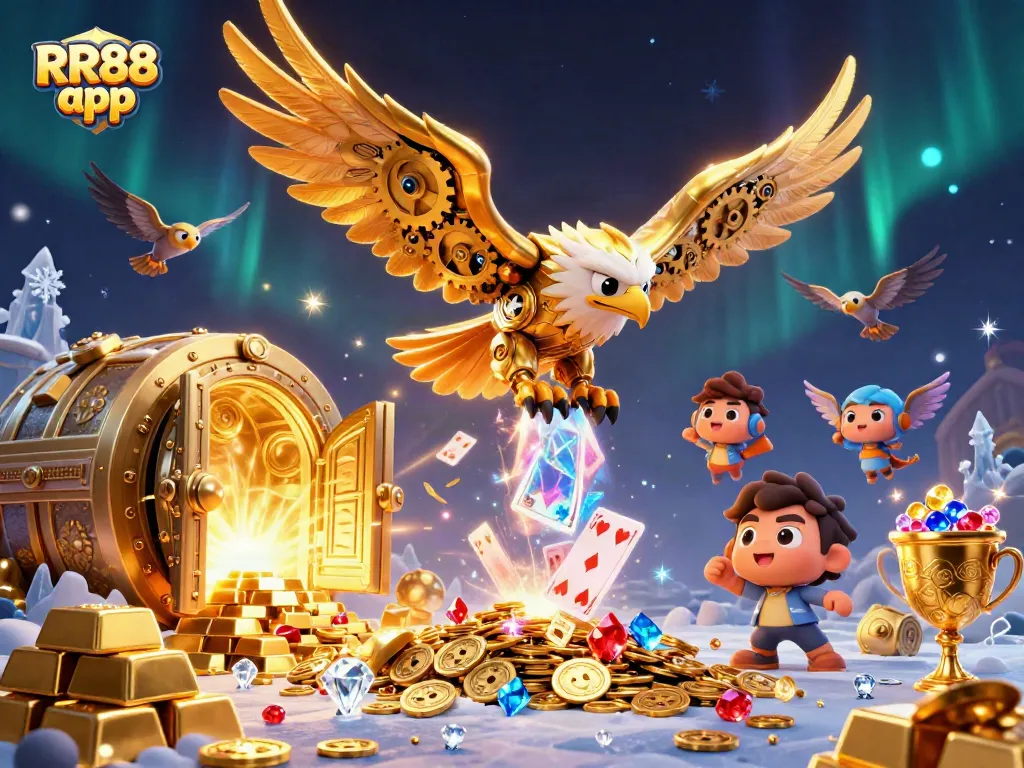 Win big with the RR88 app, featuring a golden eagle amidst treasures and holographic cards.