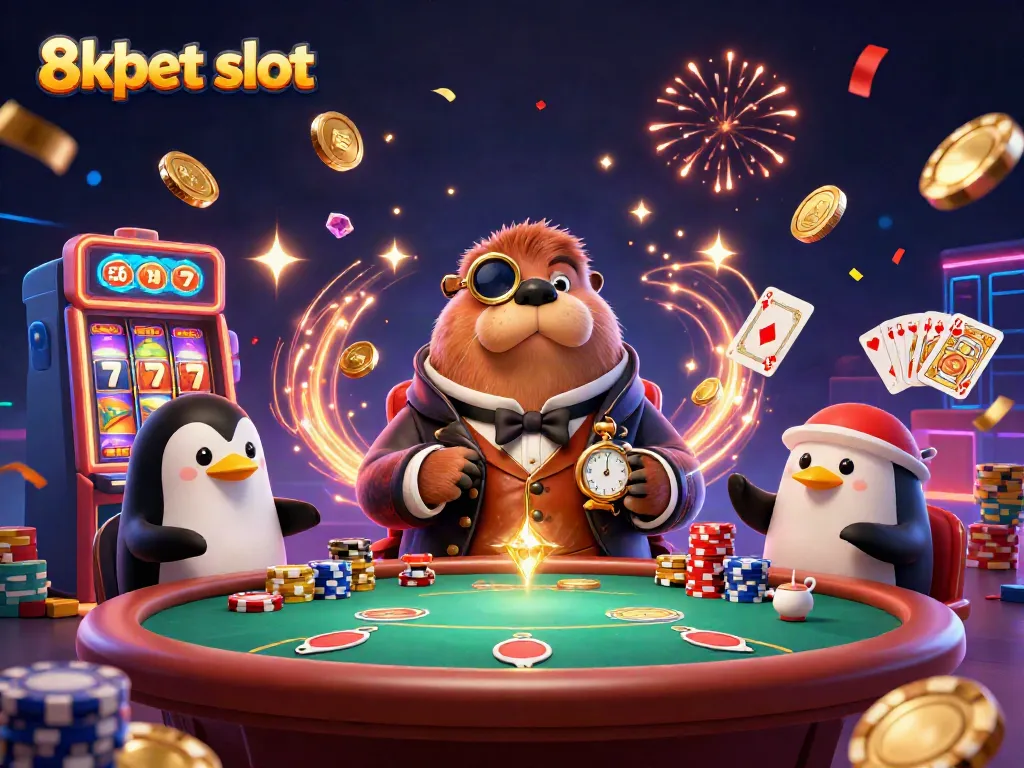 Experience wins with 8xbet slot in an underwater casino scene featuring playful characters.