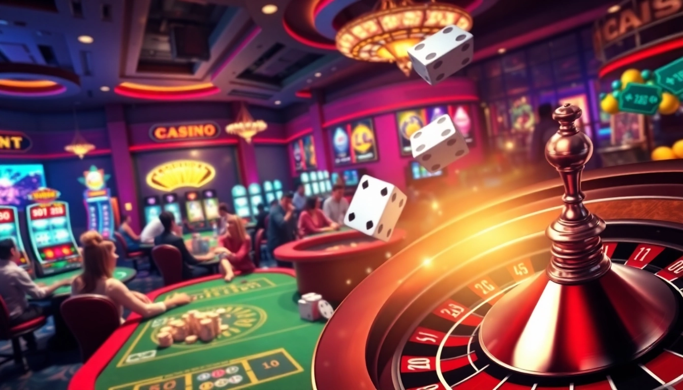 A bustling casino environment showcasing poker tables, slot machines, and KJC's exciting gambling atmosphere.