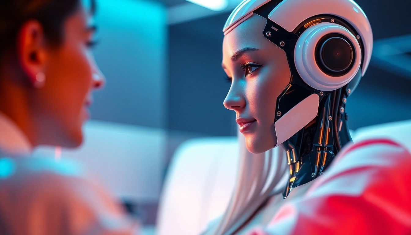 A captivating scene of a user engaging intimately with an AI sex bot in a futuristic setting, showcasing advanced technology and emotional connection.