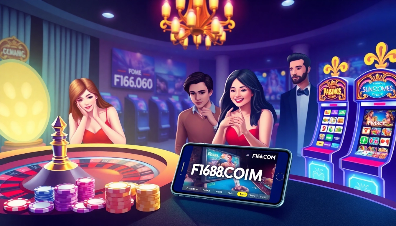Exciting online gambling scene with players engaging at F168.COM casino table featuring roulette and slots.