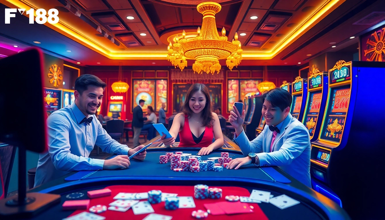 Players engaging in exciting games at nhà cái F168 casino, featuring vibrant tables, cards, and slot machines.