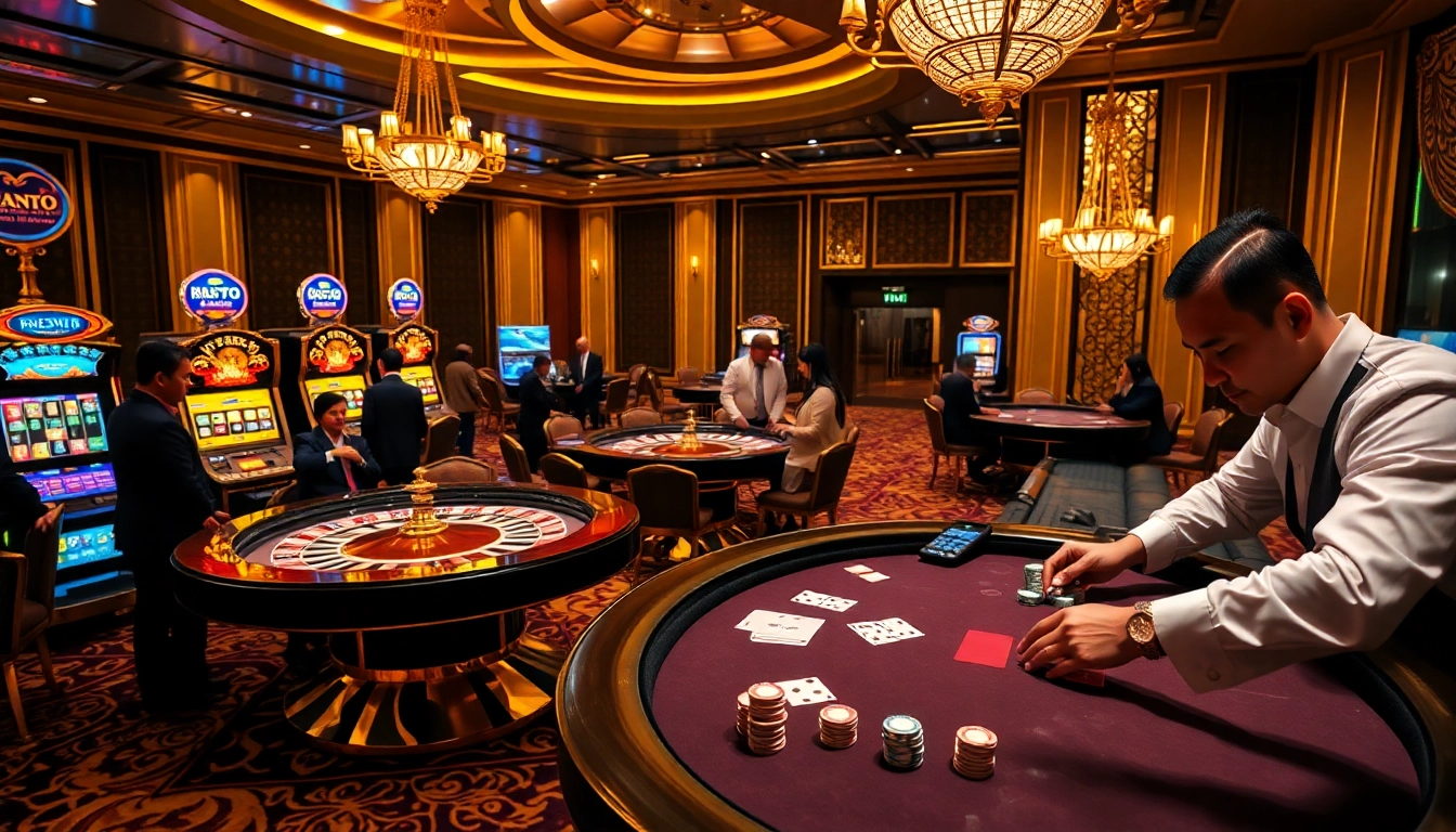 Situs Slot Terpercaya showcases thrilling casino excitement with players betting at roulette and poker tables.