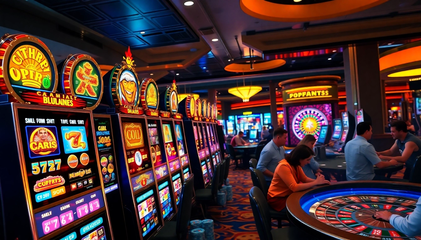 Players eagerly trying their luck on slot machines in a vibrant casino setting.