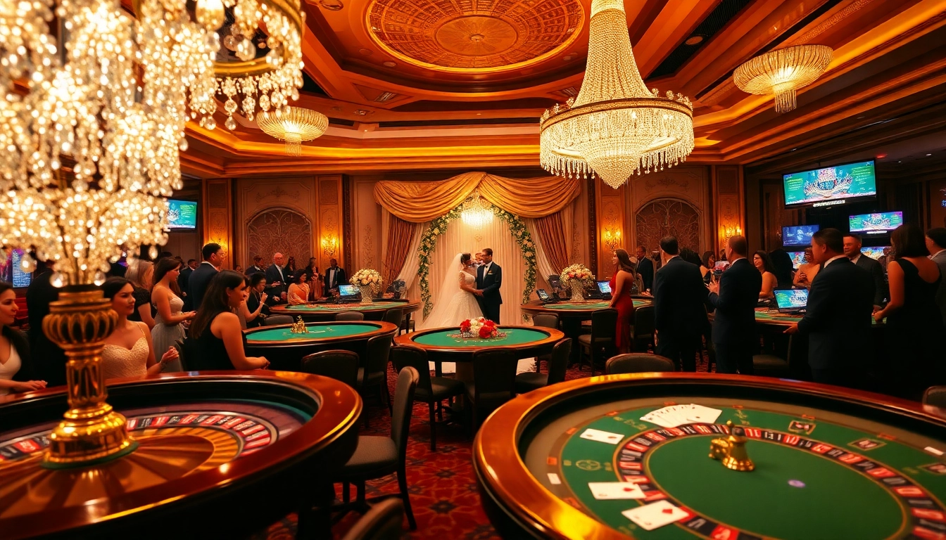 Exciting Hi88 wedding celebration with elegant guests enjoying casino games and glamourous decor.