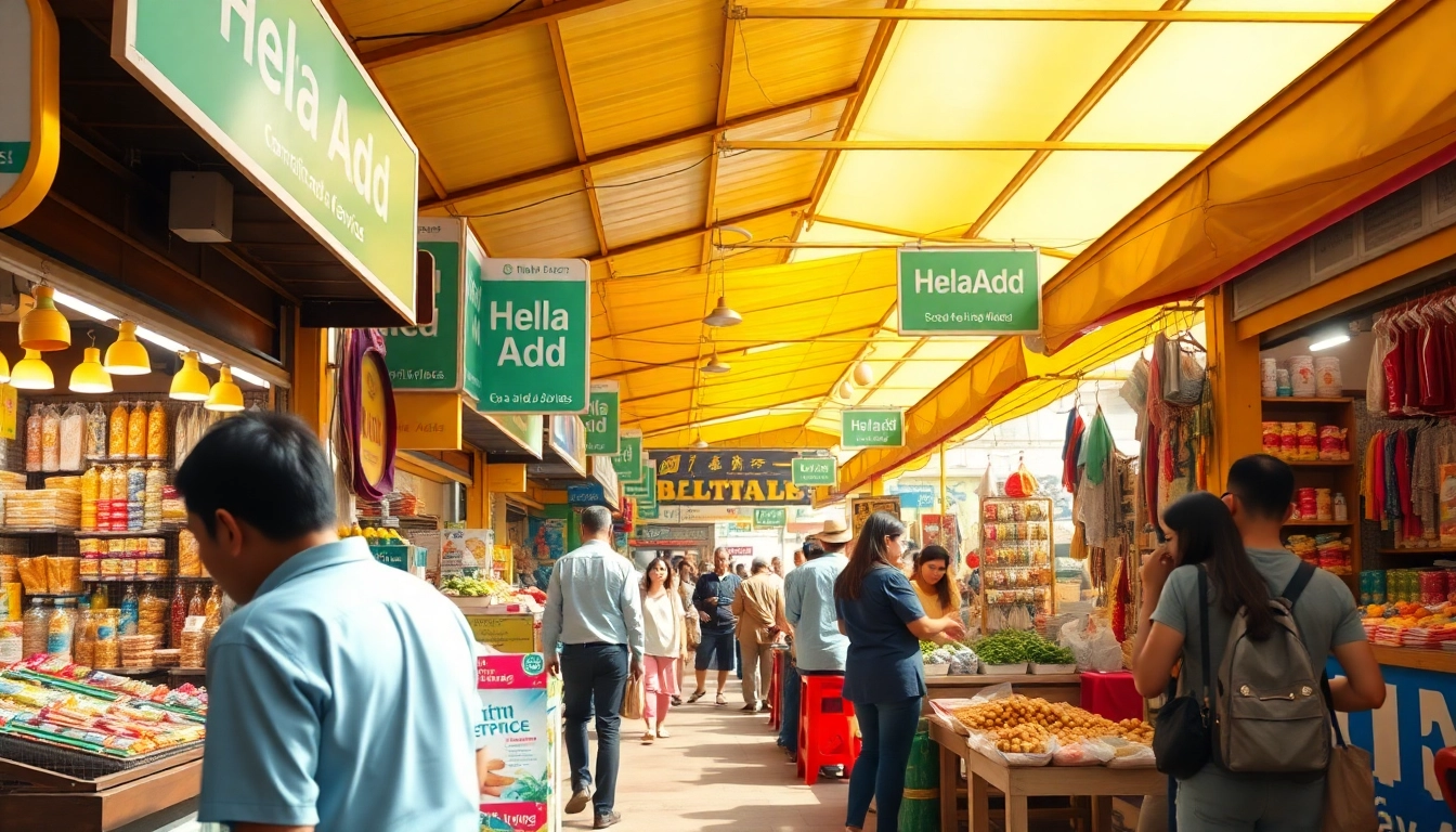 Hela Add marketplace scene showcasing vibrant stalls and community interactions.