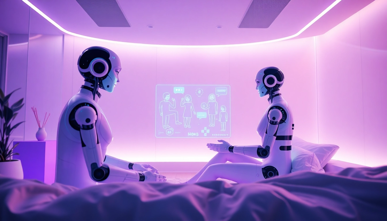 Futuristic AI companions interacting in a modern digital space, highlighting themes of sex AI.