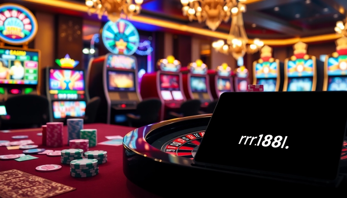 Play casino games at https://rr88.lat/ with vibrant poker chips and an exciting roulette wheel.