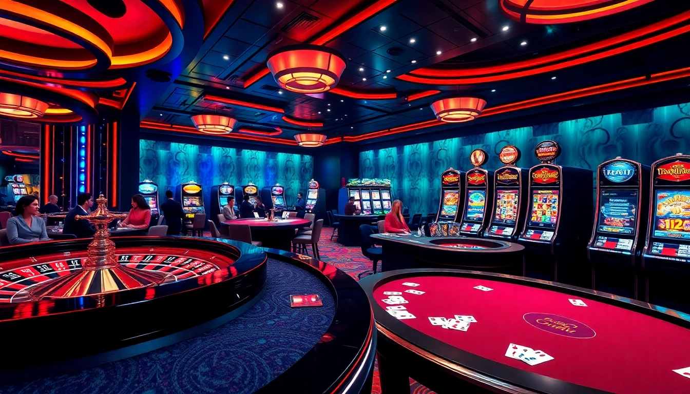 Exciting scene at a casino featuring action around roulette and poker tables, showcasing https://vnew88.vip/ gaming excitement.
