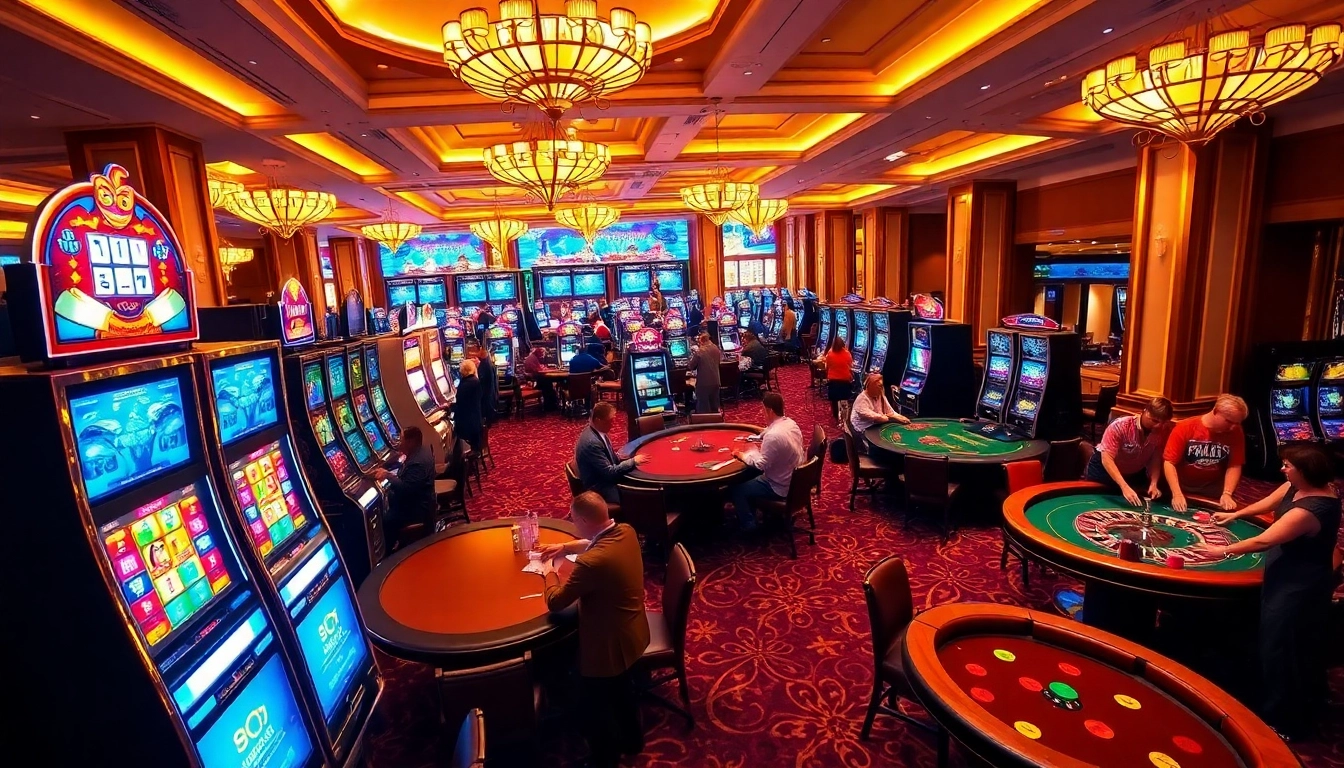Players enjoying vibrant slot machines, including doaslot, in a luxurious casino setting.