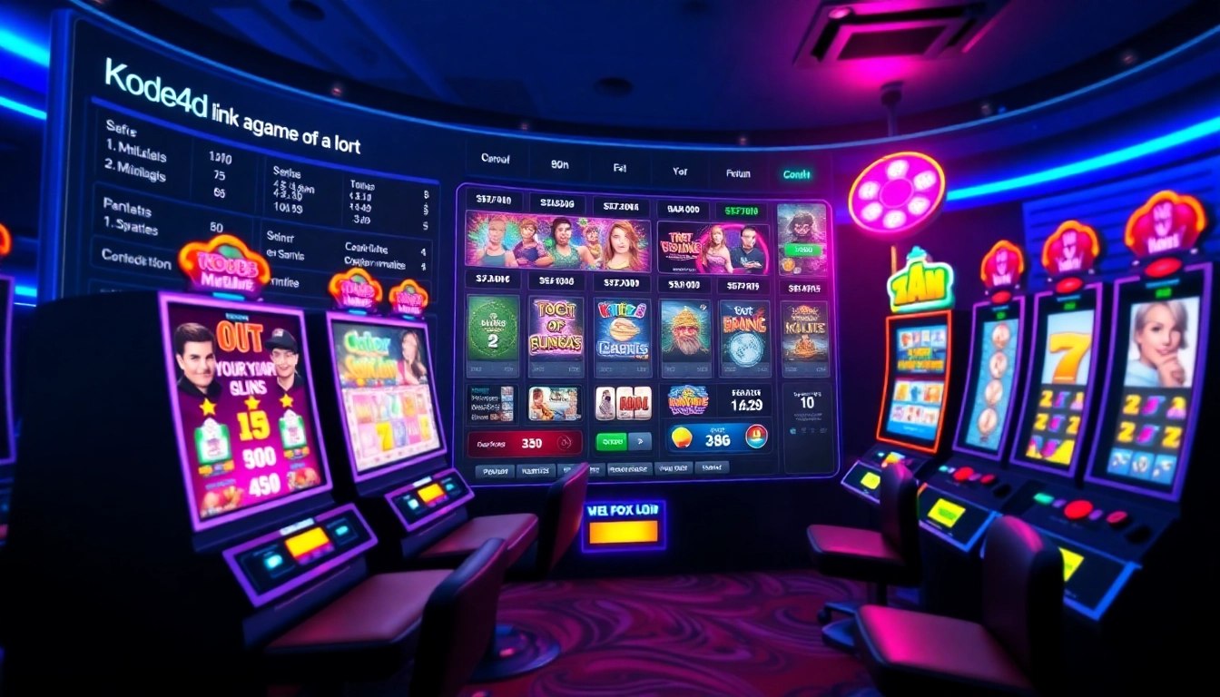 Kode4d link gaming dashboard with vibrant slot machines and statistics.