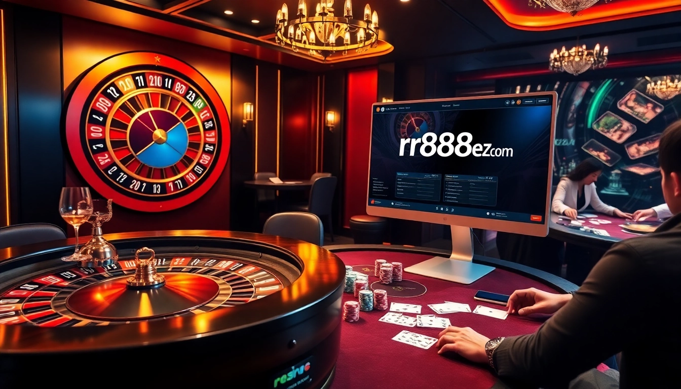 Experience the thrill of rr88ezcom at a luxurious casino scene with roulette, poker, and chips.