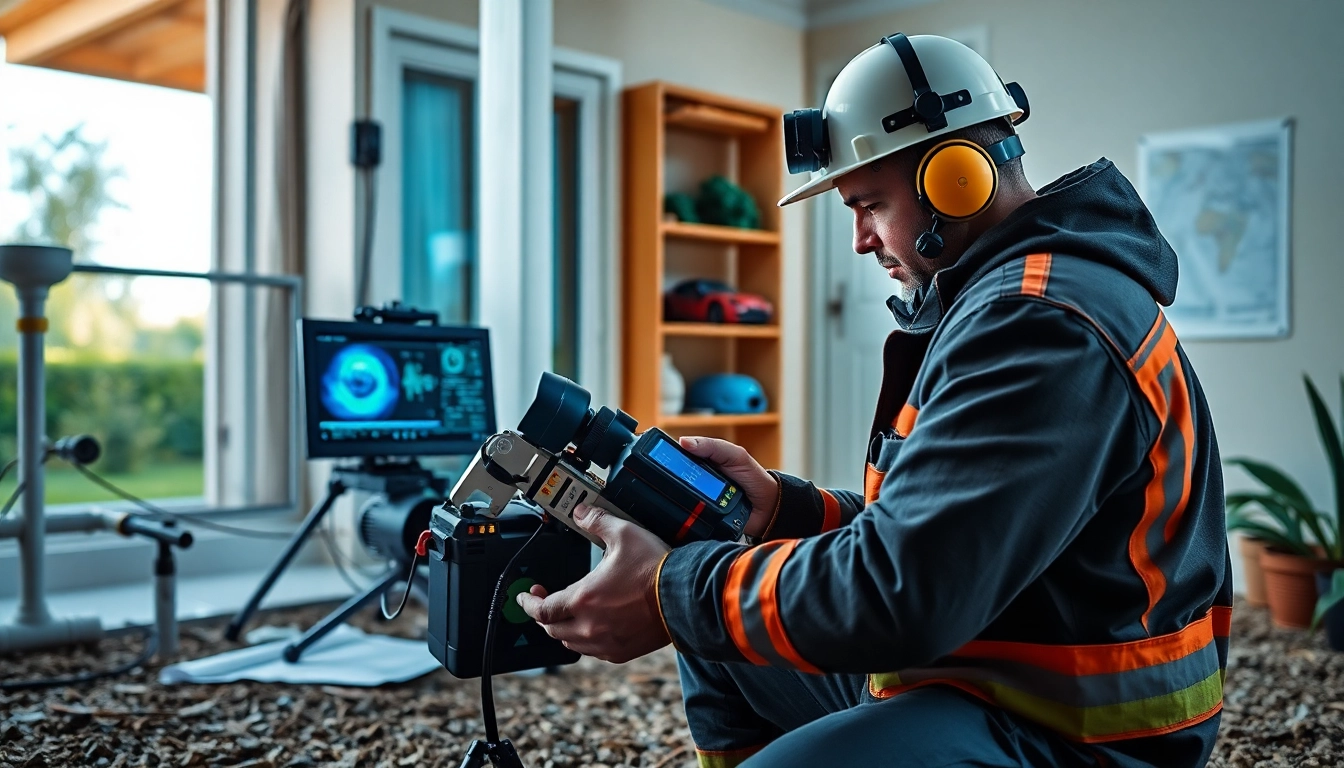 Expert technician in underground leak detection using advanced thermal imaging technology at a residential property.