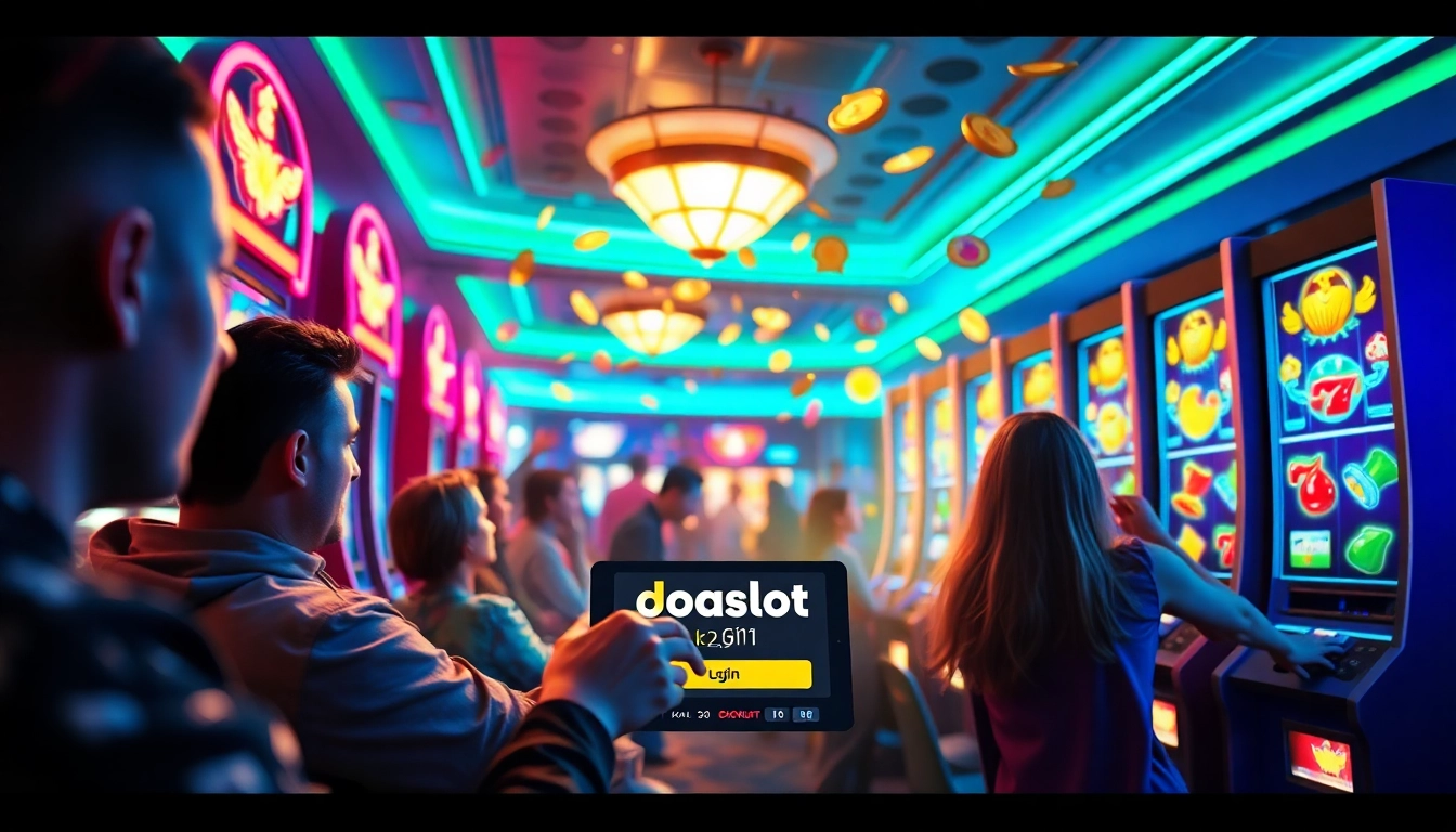 Exciting scene showing players celebrating wins at the doaslot login digital slot machine interface with vibrant colors.