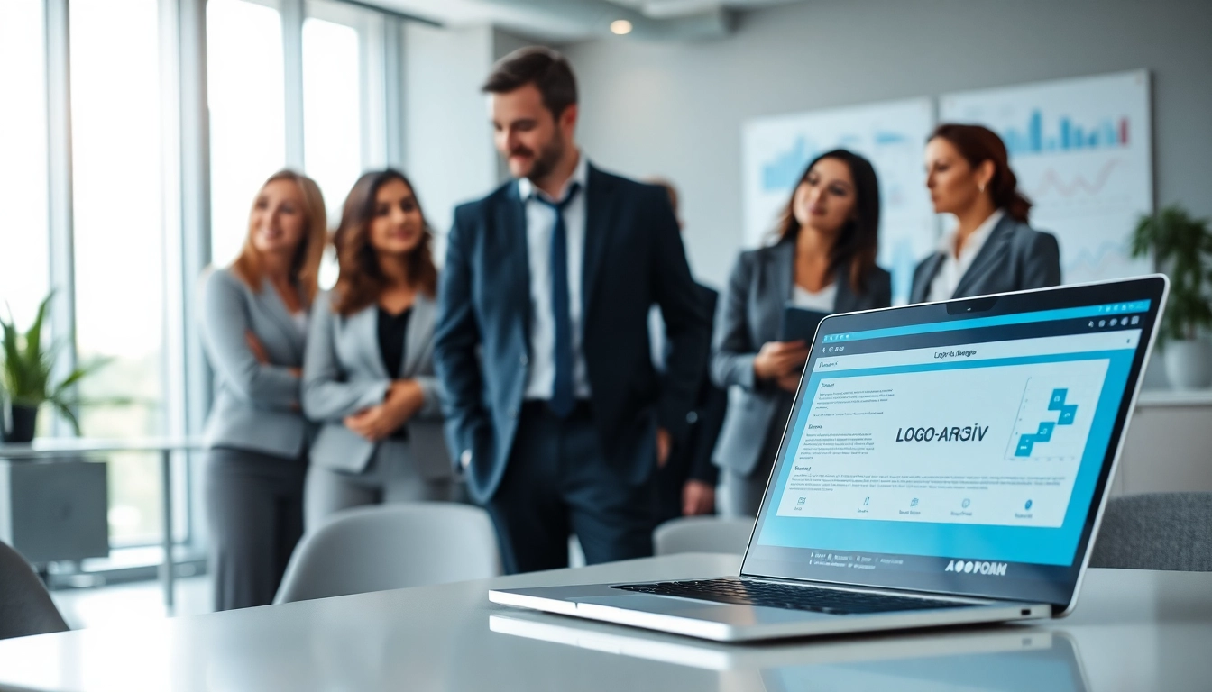 Logo e-arşiv software showcased in a professional workspace with business experts discussing digital document solutions.