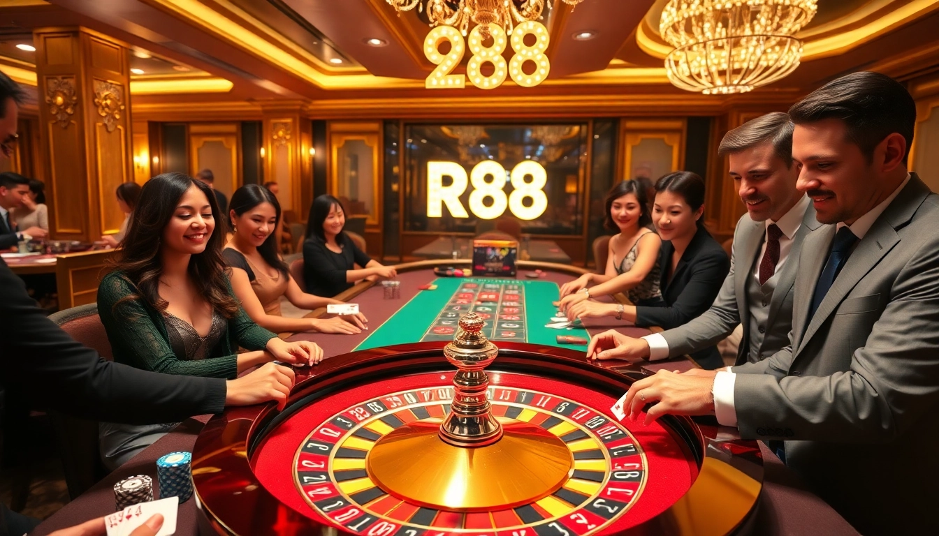 Experience the thrill of RR88 in a luxury casino atmosphere with vibrant games and engaged players.