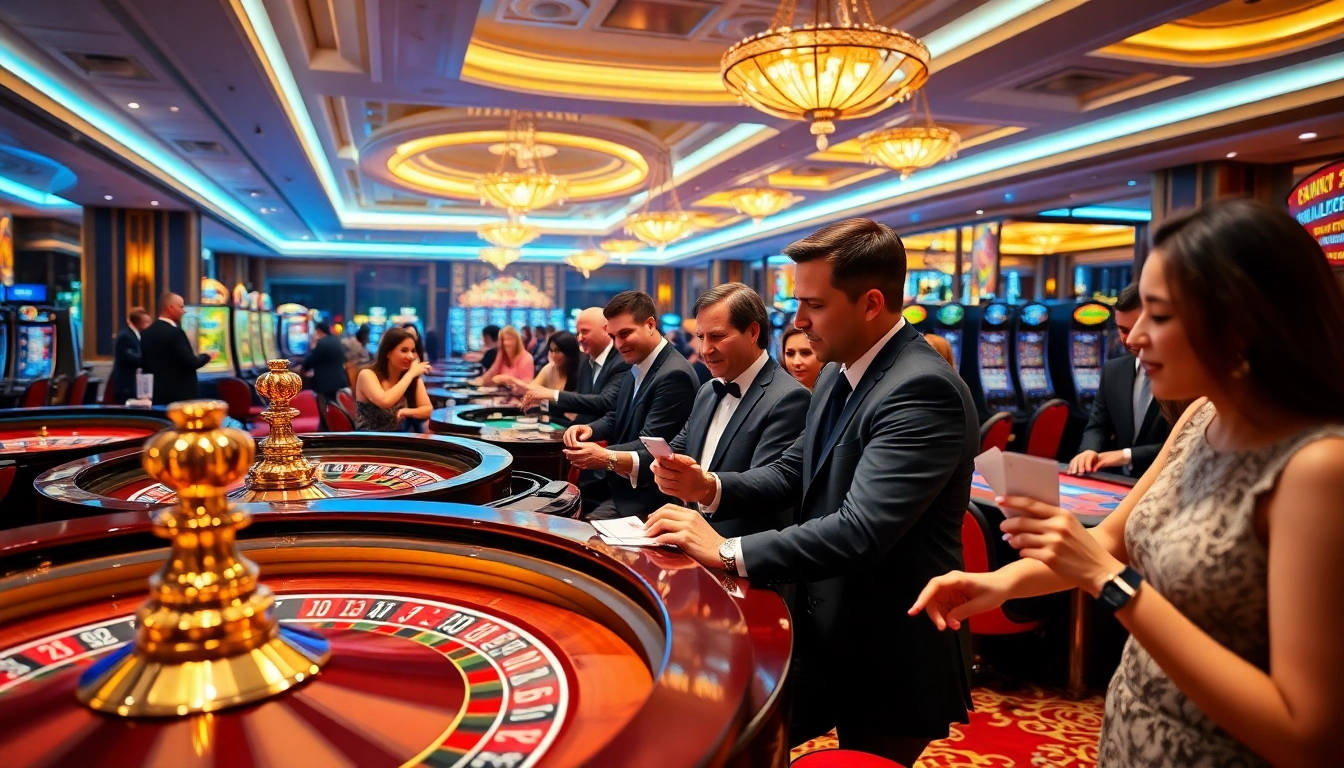 A captivating scene from rikvip.gb.net featuring excited gamblers at a vibrant casino, showcasing roulette and slot games.