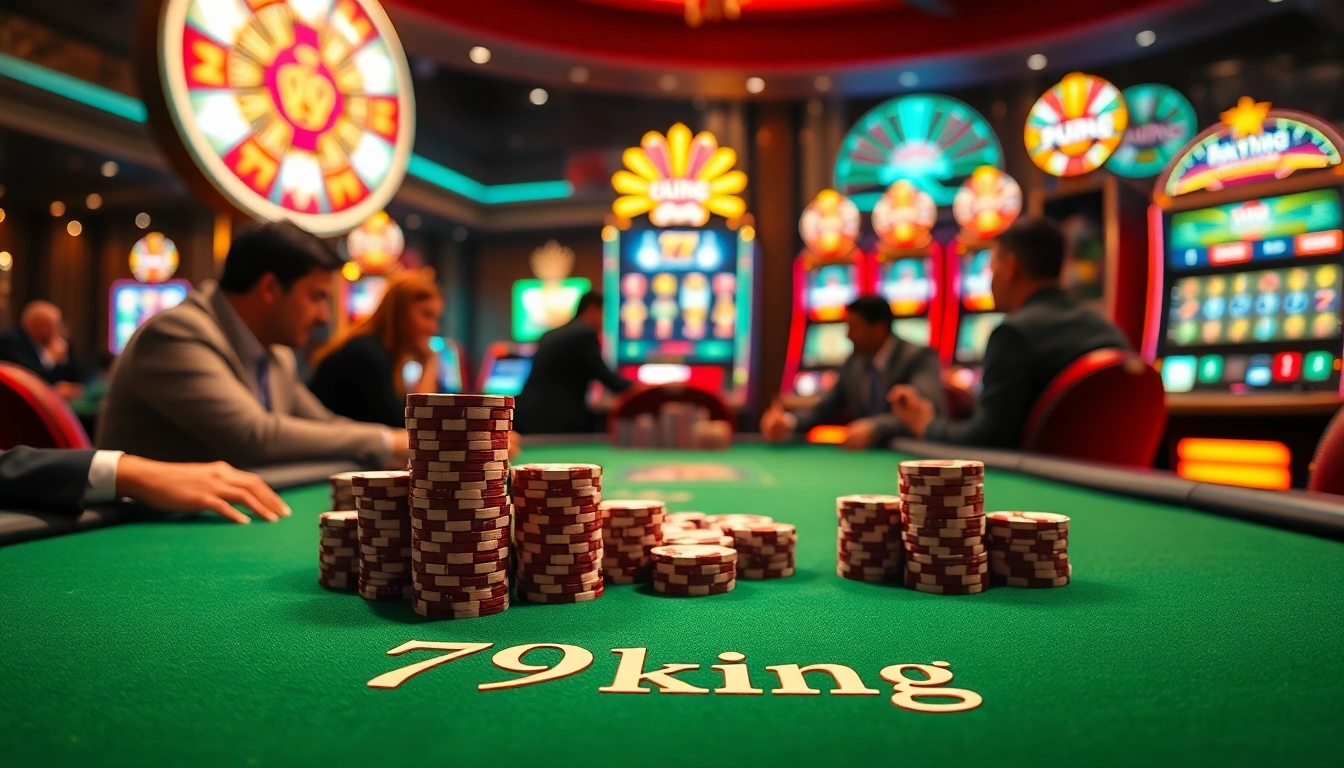 Players engaging at a professional poker table in a luxurious casino setting, highlighting 79king gaming excitement.