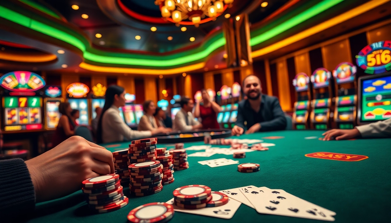 Players enjoying a thrilling poker game with s8 themed chips and cards in a luxury casino.