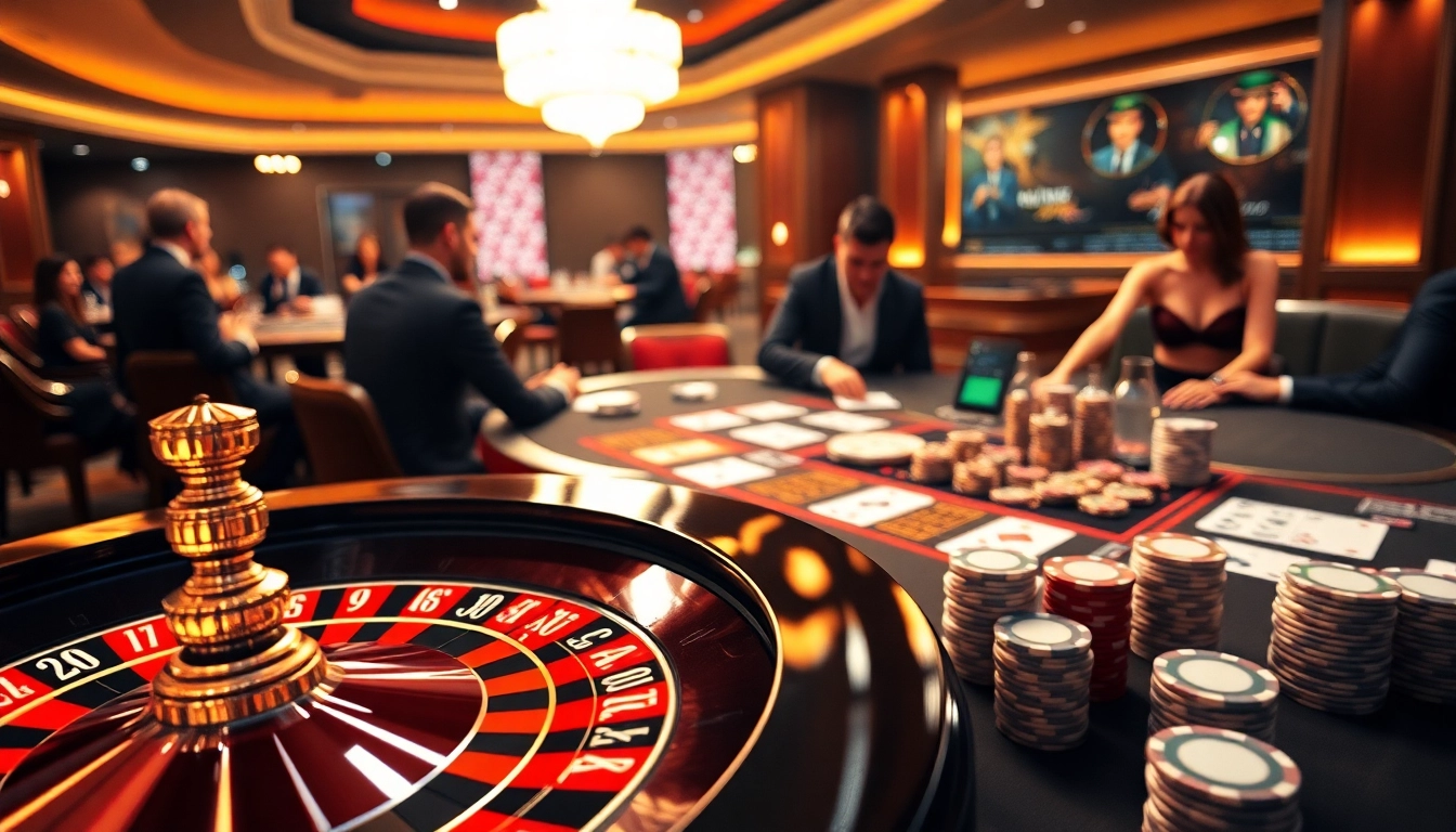 Exciting casino scene at https://go88vn.blog showcasing roulette and poker tables with gamblers.