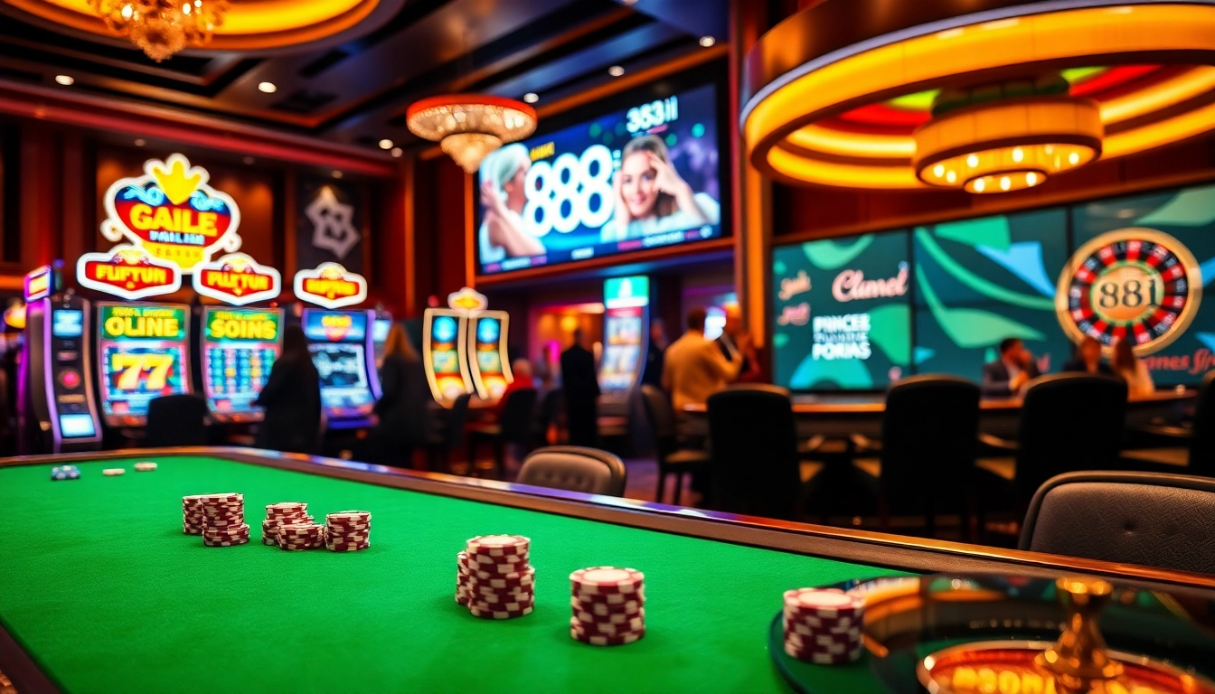 Players gamble at 88i’s casino tables, showcasing luxury and excitement through vibrant gaming elements.