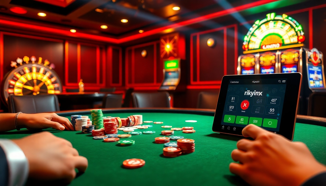 Experience high-stakes gaming at rikvip.mx with an illuminated poker table and vibrant casino elements.