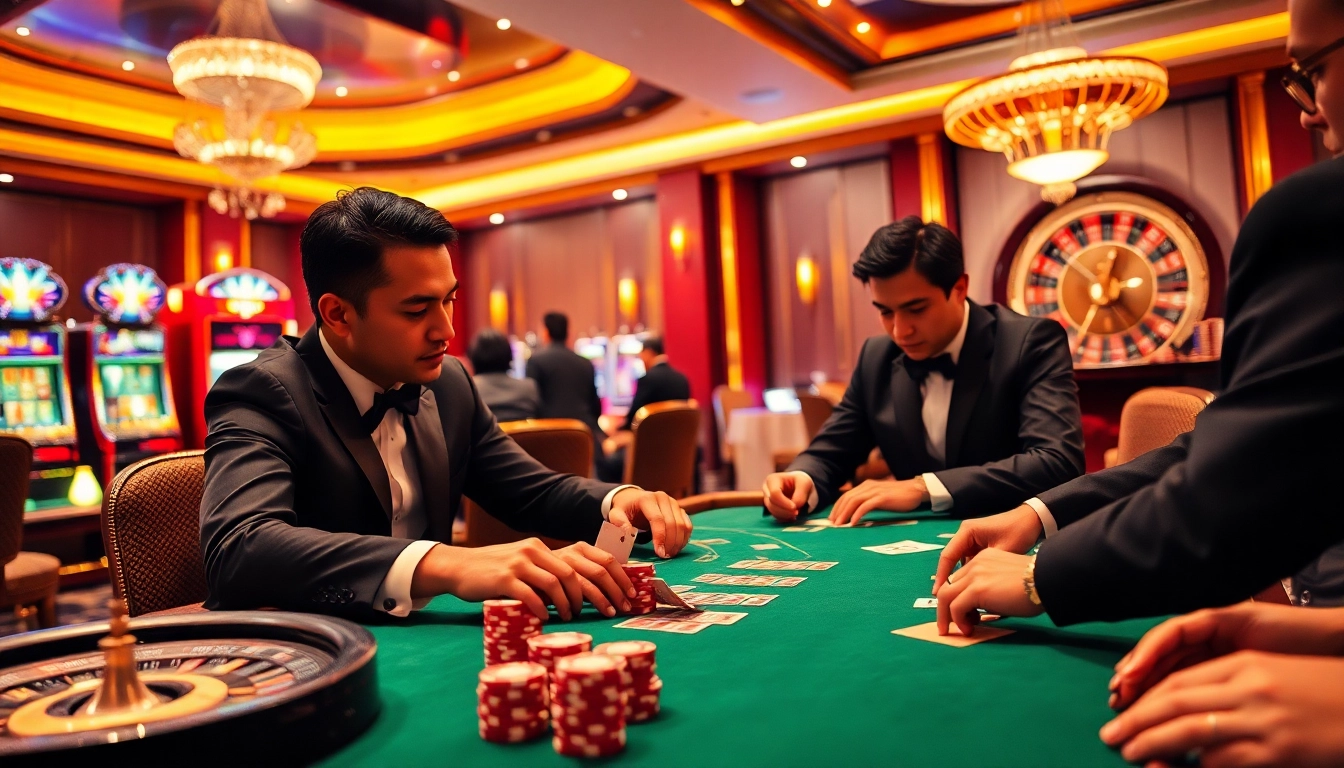 Poker players strategize at a luxurious casino table, embodying the excitement of 88 go gambling.